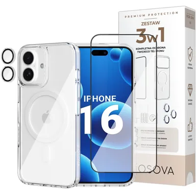 Imagen del producto de Funda para iPhone 16 compatible con MagSafe de Osova + cristal 5D + protector de lente de cámara – set 3 en 1