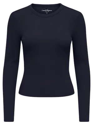 Produktbild von ONLY Damen Ripp-Langarmshirt - ONLVAL O-NECKT SWEAT, Rundhals, Regular Fit, Baumwoll-Stretch, einfarbig Dunkelblau L