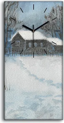 Produktbild von Wohnzimmer-Bild Leinwand Uhr Geräuschlos 30x60 Malerei Winter Schnee Hütte Bäume - schwarze Hände