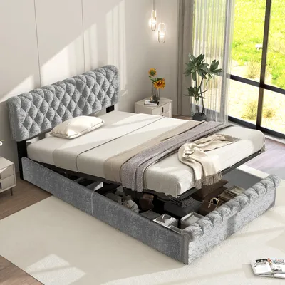 Obrázek produktu pro Čalouněná postel Merax 90x200 cm s lamelovým roštem a výškově nastavitelným čelem, skříňová postel s úložným prostorem, sametová postel pro mládež s úložným prostorem funkční postel šedá