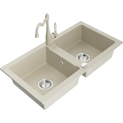 Zdjęcie produktu dla Mexen Mario zlewozmywak granitowy 2-komorowy z baterią kuchenną Carla, beżowy - 6504-69-670700-69