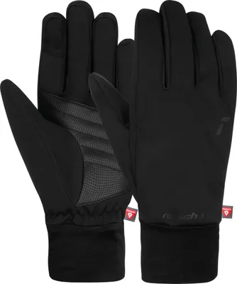 A pair of black gloves shown from a front-facing diagonal angle on a white background.