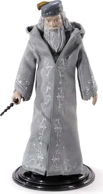 A full-body shot of a Dumbledore figurine standing on a black base, holding a wand.