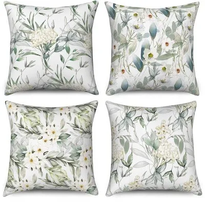 Produktbild von Unyqoos® 4er-Set Leinen-Kissenhüllen 40 x 40 cm – salbeigrün mit Aquarell-Blumen- & Blättermotiv, dekorativ, mit verdecktem Reißverschluss
