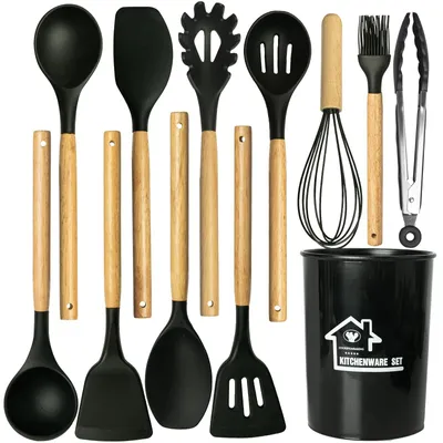 Produktbild von Küchenutensilien-Set zum Kochen: 12-teiliges Silikon-Küchenspatel-Set mit Holzgriff - Hitzebeständige Küchenhelfer für antihaftbeschichtete Pfannen