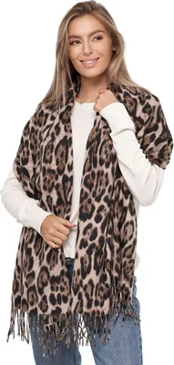Produktbild von Glamexx24 Damen XXL Schal Kuscheliger warmer Leoparden Muster 3 farbiger Fransen Poncho Schal Oversized Deckenschal Cream-Braun-Schwarz
