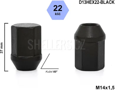 Obrázek produktu pro Kolová matice M14x1,5 kužel zavřená, klíč 22, D13HEX22-BLACK, DE50/S BLK, černá, výška 37 mm