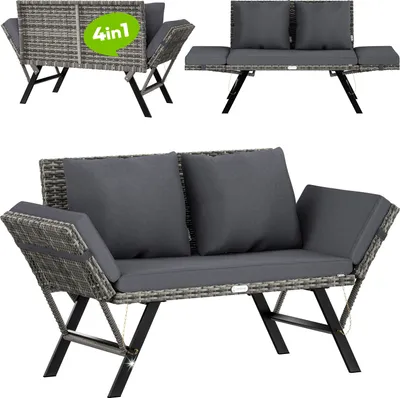 Produktbild von CASARIA® Gartenbank Polyrattan mit Liegefunktion Wetterfest Auflage Kissen Verstellbare Armlehnen 3-Sitzer Outdoor Garten Terrasse Balkon Sofa Couch Liege