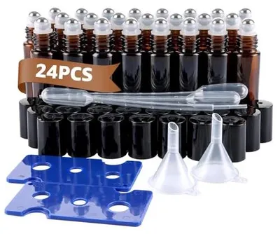Zdjęcie produktu dla Butelki szklane brązowe 10 ml olejki eteryczne zestaw 24 szt