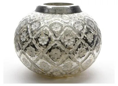 Produktbild von Windlicht Teelichthalter aus Glas für Weihnachten, Hochzeiten, Taufen und Geburtstage, antik Silber und Weiß mit Blüten, Ø 15 cm