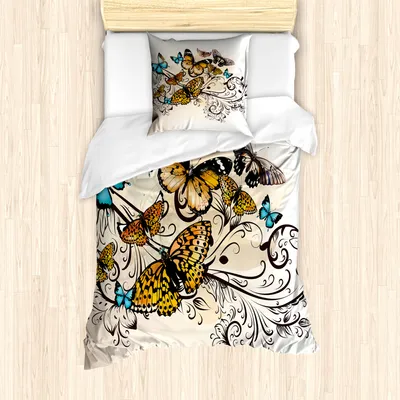 Produktbild von ABAKUHAUS Schmetterling Mantele, Monarch Vintage Damast, Milbensicher Allergiker geeignet mit Kissenbezügen, 135 cm x 200 cm - 80 x 80 cm, Pale Brown Sky Blue