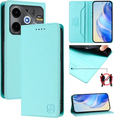 Produktbild von Lederhülle für Tecno Pova 6 Neo Hülle Flip Brieftasche Kartenfächern Ständer Schutzhülle Türkis