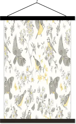 Produktbild von MuchoWow® Textilposter Blumen - Vogel - Blätter 60x90 cm mit schwarzem Rahmen - Poster Wohnzimmer