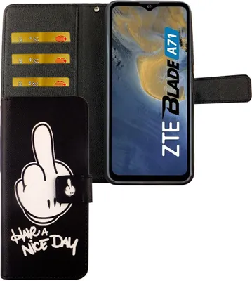 Produktbild von ZTE Blade A71 Tasche Handy Hülle Schutz-Cover Flip-Case mit Kartenfach, Farbe:Have A Nice Day Schwarz