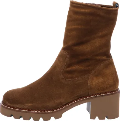 A side view of a brown suede boot.
