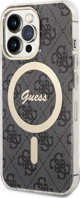A black and gray patterned iPhone case with a gold circular logo and text.