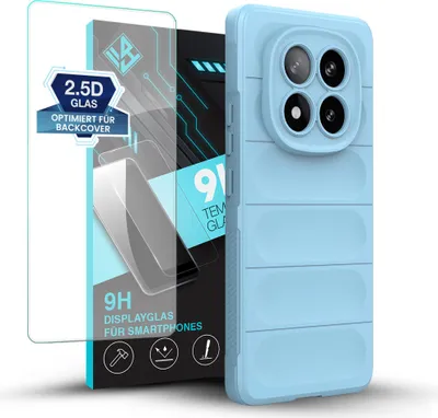 A light blue phone case and a screen protector are displayed against a white background.