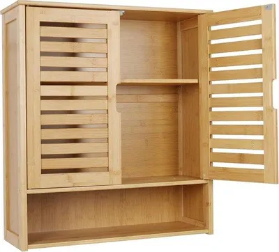 Image de Étagère murale de rangement pour salle de bain avec tablette réglable en bambou