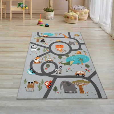 Immagine prodotto di Tappeto per bambini safari antiscivolo grigio Tappeto da strada dimensioni - 80 x 150 cm