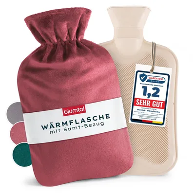 Produktbild von Wärmflasche 1,5 L Rot aus Naturkautschuk mit Samtbezug - Blumtal Bettflasche