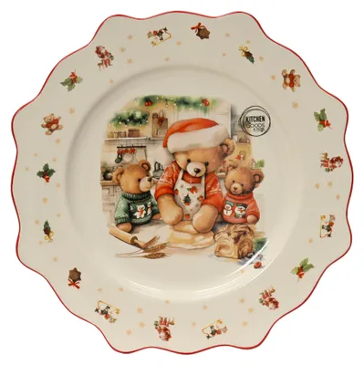 Runder Dessertteller mit Teddybären Motiv in der Mitte und kleinen Sternen am dekorativen Rand.