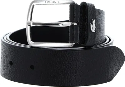 A black leather belt with a silver buckle and the Lacoste logo.