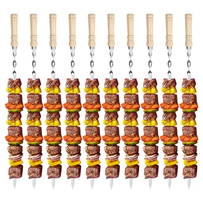 Produktbild von 10er Set Grillspieße Edelstahl 55 cm, Rostfreie Schaschlikspieße mit Holzgriff, Fleischspiesse für Fleisch, Gemüse BBQ