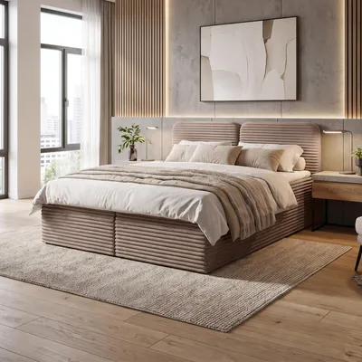 Image de Lit à lattes Beautysofa modèle LARS, 160x200 cm, couleur cappuccino, ensemble complet comprenant un matelas Bonell H3 et un surmatelas, lit tapissé avec deux tiroirs de rangement, revêtement en tissu TILIA