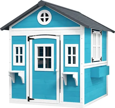 Produktbild von Kinderspielhaus, Holz-Spielhaus für Kinder, Outdoor-Gartenspielhaus mit Fenstern, Blumentöpfe, 3-8 Jahre, Blau