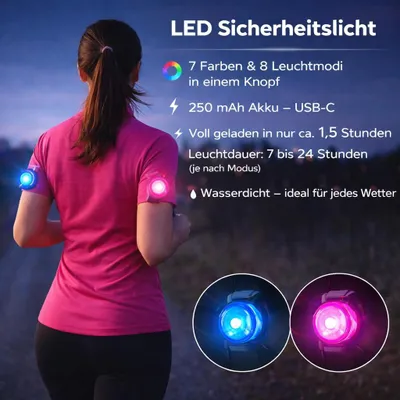 Produktbild von LED Sicherheitslicht Outdoor – Wiederaufladbares Lauflicht mit 7 Farben & 8 Modi – Wasserdichtes Warnlicht zum Joggen, Wandern & Radfahren