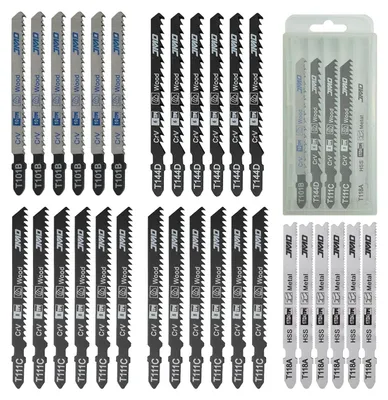 Produktbild von Stichsägeblätter Set Stichsägeblatt Dekupiersägeblätter - 30 Stück - CrV-Stahl und HSS - T-Schaft - Für Holz, Kunststoff und Metall - Mit Kunststoffkoffer