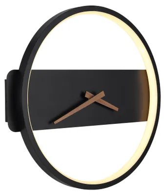 A modern wall clock with a black metal frame and a warm LED light.