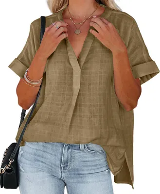 Image de ASKSA Deman Blouse Plaid Manches Courtes T-Shirt Eté Décontracté Chemises Col en V Tunique Décontractée , Marron, L