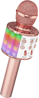 Produktbild von Bluetooth-Mikrofon mit Lautsprecher und dynamischen Lichtern, kabelloses Karaoke-Mikrofon, geeignet für Kindergesang und Aufnahmen.