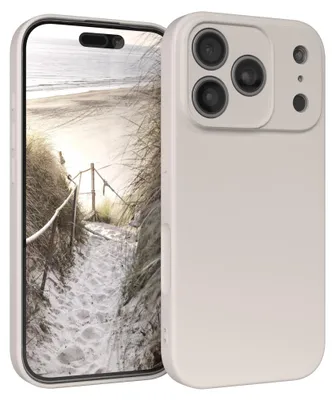 A close-up, angled view of a smartphone case with a beach scene on the phone's screen.