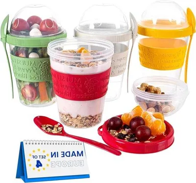 Produktbild von To-go-Yoghurtbecher mit Löffel - Muesli-Becher für unterwegs - Set aus 4 - 600 ml. To-go-Yoghurtbecher