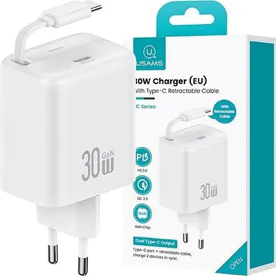 Image de Usams Ład. Siec. 1Xusb-C Ze Zwijanymkablem Usb-C Retractable Pd+Qc 30W Gan Fast Charging Biały/White Yc Series Cc241Tc02 (Us-Cc241)