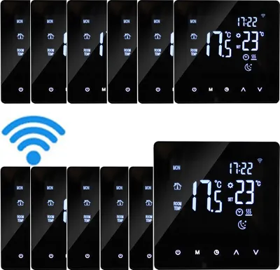 A collage of digital WiFi thermostats, some showing a WiFi symbol.