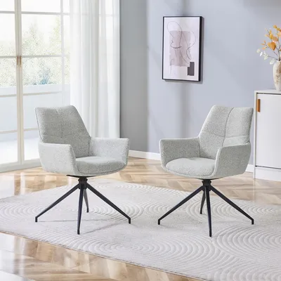 Produktbild von 2er-Set 360° drehbare Esszimmerstühle, hellbeiger Stoff, schwarze Metallbeine, 85 cm
