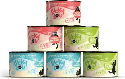 A stack of six cans of Lucky Lou cat food for kittens.