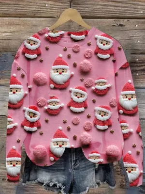 Produktbild von ASKSA Damen Weihnachtspullover Lustig 3D Drucken Weihnachten Sweatshirt Langarm Print Rundhals Niedlich Kapuzenpullover Weihnachtspulli Damen Xmas Pullover,D Rosa,L