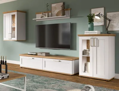 Produktbild von Wohnwand "Mirano" in weiß Lärche und Eiche Artisan Landhaus Wohnkombination 4-teilig 316 cm
