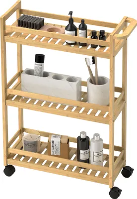 Produktbild von Servierwagen, 3 Etagen, Lamellenböden, Herausfallschutz, Bambus, 55 x 20 x 75 cm