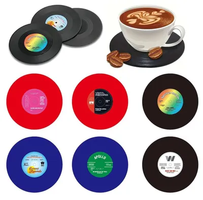 6er-Set Vinyl-Untersetzer, Vintage-Design, 10,5 cm, schwarz