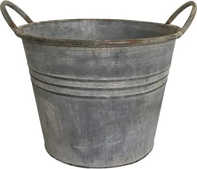 A vintage-style galvanized metal bucket with handles, shown against a white background.