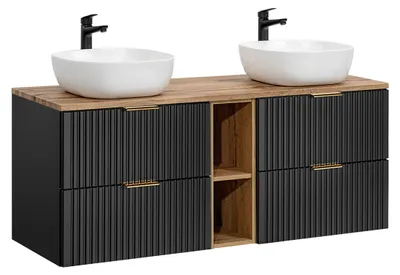 Produktbild von Doppelwaschtisch 140.8cm Adriel mit 4 Schubladen, Schwarz und Holzoptik