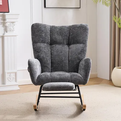 Produktbild von MODFU Schaukelstuhl mit hoher Rückenlehne und Fußstütze, Relaxsessel mit verstellbarer Luftstütze, Polsterstuhl aus Chenille mit Seitenfach, Dunkelgrau