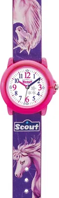 A pink and purple children's watch with a unicorn design.