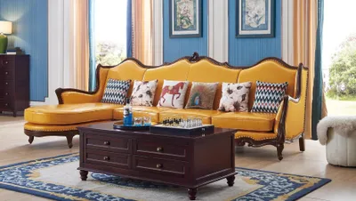 Produktbild von Klassische Eckcouch Gelbe Empire Couch Sofa Ledersofa Sofas Couchen Möbel Holz