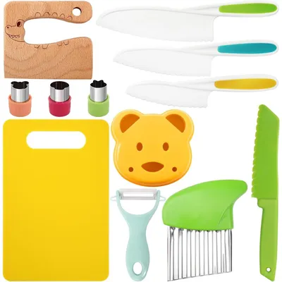 Produktbild von Kindermesser-12 teiliges Kindersicheres Küchenmesser für Echtes Kochen mit Holzmesser, Schneidebrett, BPA-frei, Kinderfreundlich Lernmesser,Montessori